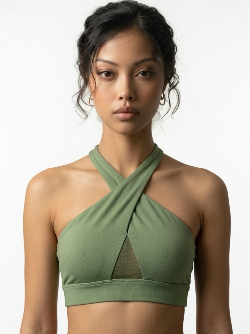 NIKE | Olive Green Cross-Front Halter Sports Bra Crop Top Women’s Size Small